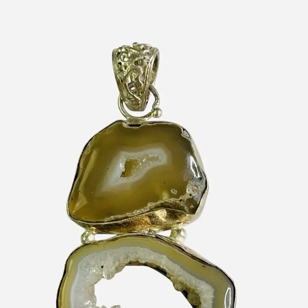 Natural Geode Agate Trio Pendant Sterling Silver 925 Earth Tone Green Gray Brown